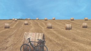 Kornfeld mit Heuballen vor blauem Himmel